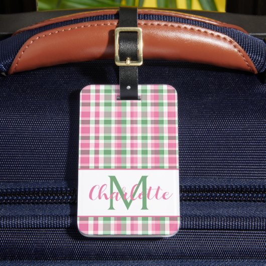 Preppy Pink and Green Plaid Monogram ラゲッジタグ (正面インサイチュ2)