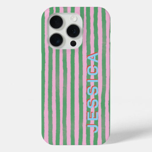 Preppy Pink and Green Striped Custom Name Case-Mate iPhoneケース (裏面)