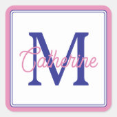 Preppy Pink and Navy Blue Simple Monogram スクエアシール (正面)