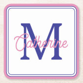 Preppy Pink and Navy Blue Simple Monogram スクエアペーパーコースター (正面)