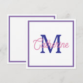 Preppy Pink and Navy Blue Simple Monogram ノートカード (正面/裏面)