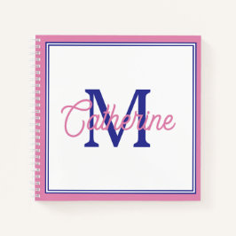 Preppy Pink and Navy Blue Simple Monogram ノートブック