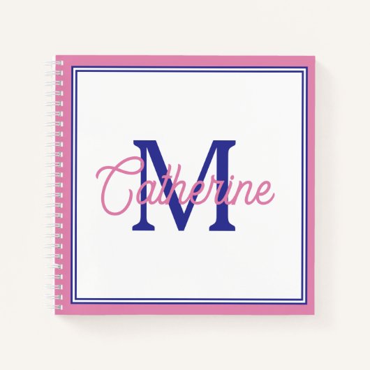 Preppy Pink and Navy Blue Simple Monogram ノートブック (正面)