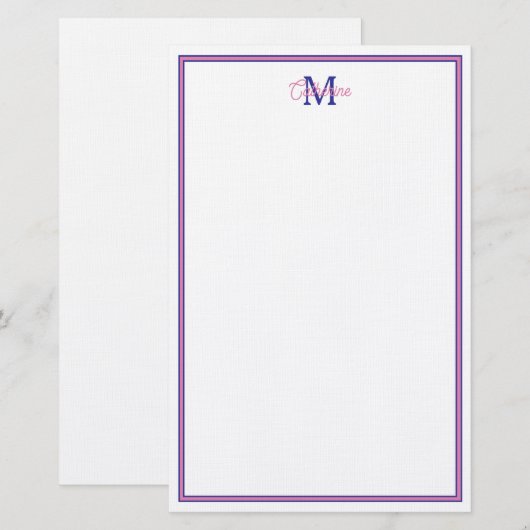 Preppy Pink and Navy Blue Simple Monogram 便箋 (正面/裏面)