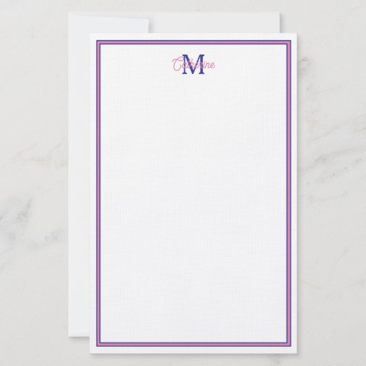 Preppy Pink and Navy Blue Simple Monogram 便箋 (正面)