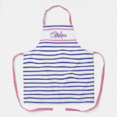 Preppy Pink and Navy Blue Stripe Simple Monogram エプロン (正面)