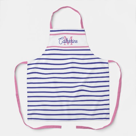 Preppy Pink and Navy Blue Stripe Simple Monogram エプロン (正面)