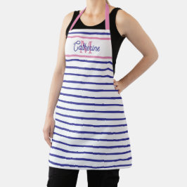 Preppy Pink and Navy Blue Stripe Simple Monogram エプロン