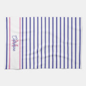 Preppy Pink and Navy Blue Stripe Simple Monogram キッチンタオル (横)