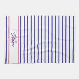 Preppy Pink and Navy Blue Stripe Simple Monogram キッチンタオル