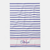 Preppy Pink and Navy Blue Stripe Simple Monogram キッチンタオル (縦)