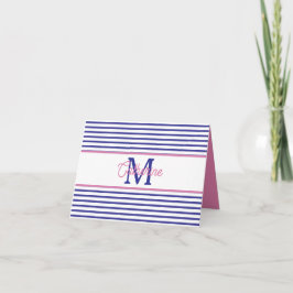 Preppy Pink and Navy Blue Stripe Simple Monogram ノートカード