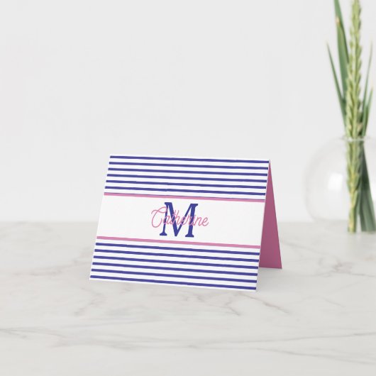 Preppy Pink and Navy Blue Stripe Simple Monogram ノートカード (正面)