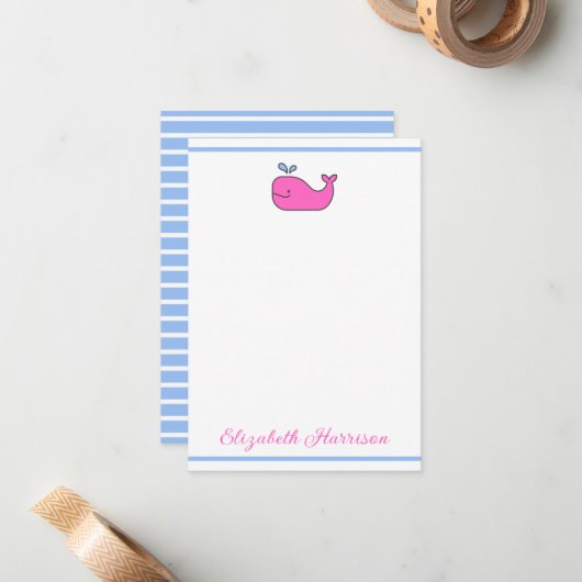 Preppy Pink Blue and White Whale Personalized ノートカード (正面/裏面インサイチュ)