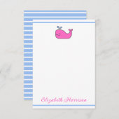 Preppy Pink Blue and White Whale Personalized ノートカード (正面/裏面)