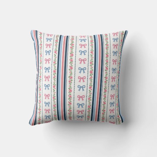 Preppy Pink Blue Bows Florals Stripes Nursery クッション (裏面)