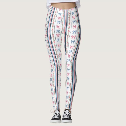 Preppy Pink Blue Coquette Bows Stripes Trendy レギンス (正面)