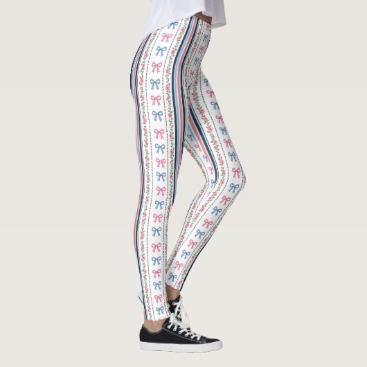 Preppy Pink Blue Coquette Bows Stripes Trendy レギンス (右)