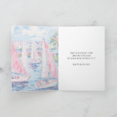 Preppy Pink Blue Tropical Sailboats Happy Birthday カード (内部)