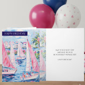Preppy Pink Blue Tropical Sailboats Happy Birthday カード