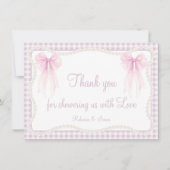 Preppy pink bow gingham grandmillenial baby shower サンキューカード (正面)