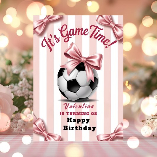 Preppy Pink Bow Soccer Birthday カード