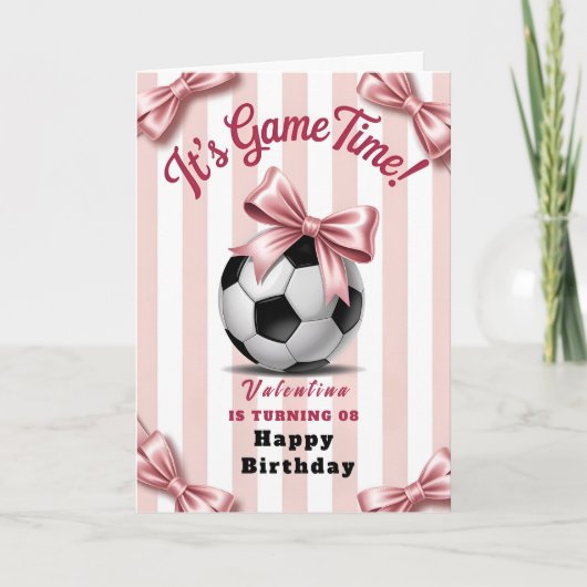Preppy Pink Bow Soccer Birthday カード (正面)