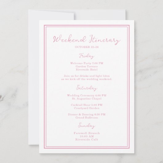 Preppy Pink Chic Wedding Weekend Itinerary Card 招待状 (正面)