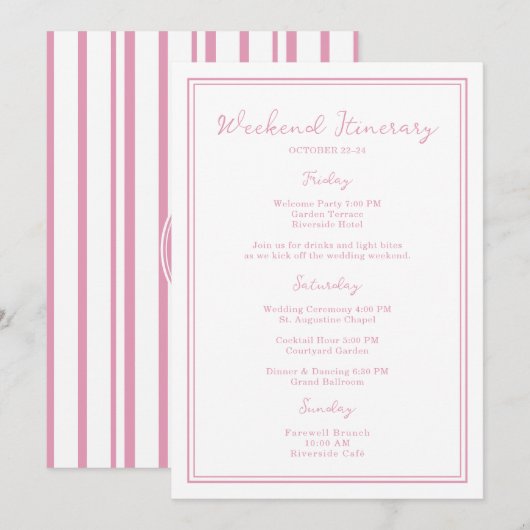 Preppy Pink Chic Wedding Weekend Itinerary Card 招待状 (正面/裏面)