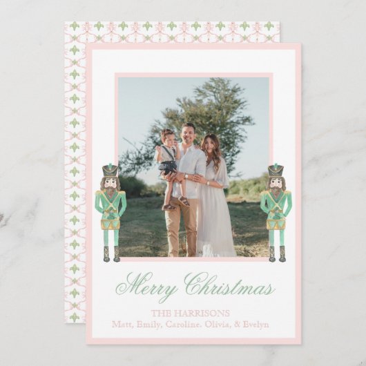 Preppy Pink Green Christmas Nutcracker 2 Photos シーズンカード (正面/裏面)