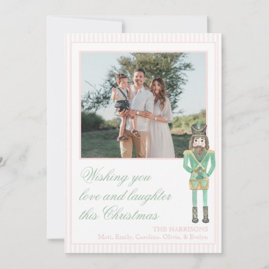 Preppy Pink Green Christmas Nutcracker One Photo  シーズンカード (正面)