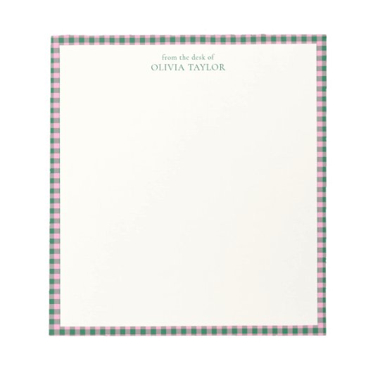 Preppy Pink Green Gingham Plaid Personalized Name ノートパッド (正面)