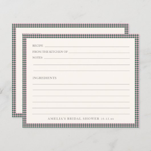 Preppy Pink Green Gingham Shower Recipe Card (正面/裏面)