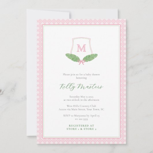 Preppy Pink Green Monogram Cane Baby Girl Shower 招待状 (正面)