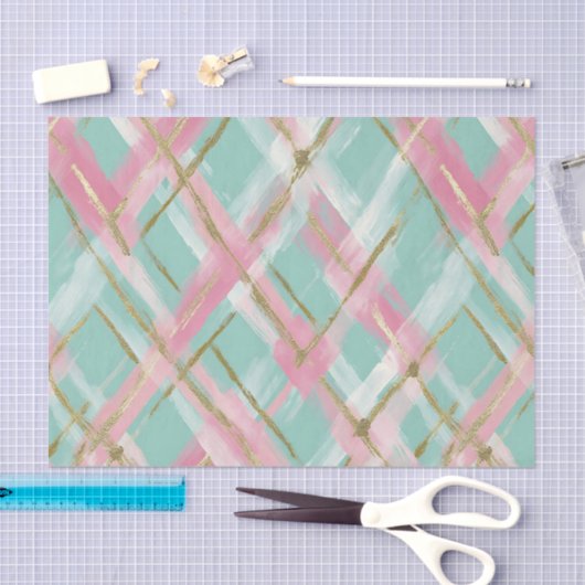 Preppy Pink Mint Gold Glitter Argyle Pattern 薄葉紙 (クラフト)