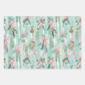 Preppy Pink Mint Gold Glitter Christmas Trees Bows ラッピングペーパーシート (正面3)