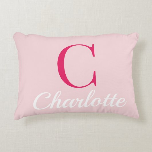 Preppy Pink Monogram Name Dorm Room Pillow  アクセントクッション (正面)