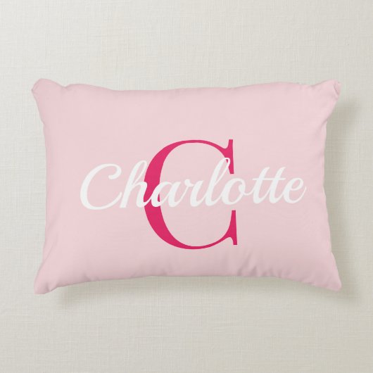Preppy Pink Monogram Name Dorm Room Pillow アクセントクッション (正面)
