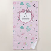 Preppy Pink Monogram Pickleball Gift for Her ビーチタオル (正面)
