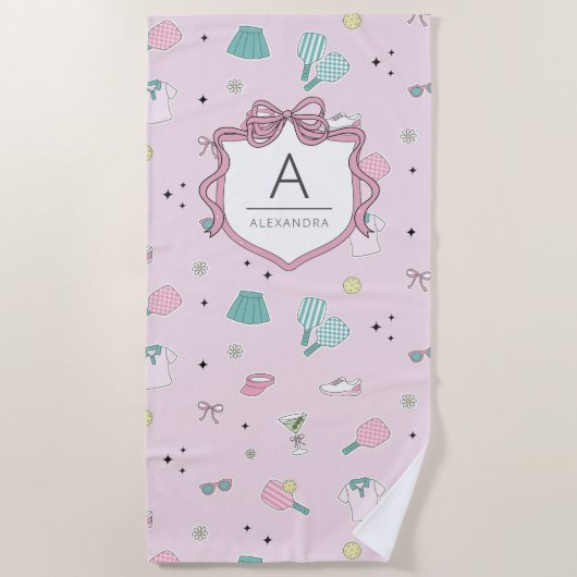 Preppy Pink Monogram Pickleball Gift for Her ビーチタオル (正面)