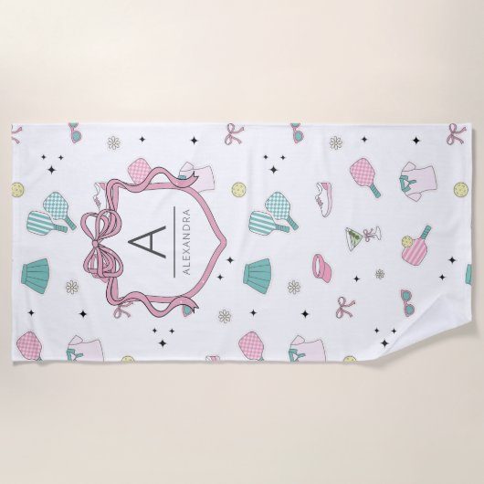 Preppy Pink Monogram Pickleball Gift for Her ビーチタオル (正面)