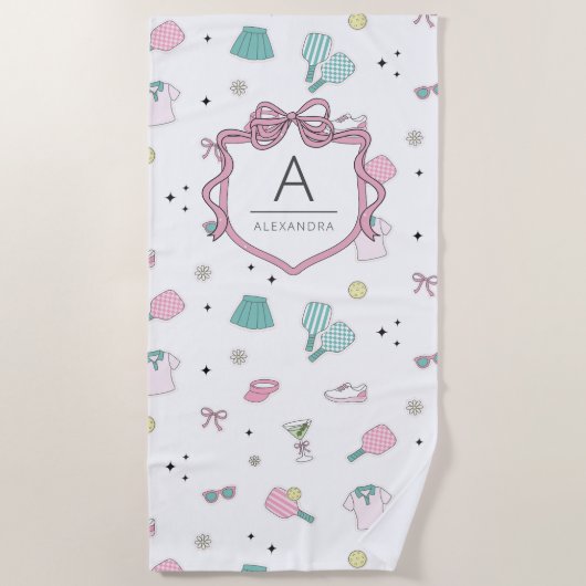 Preppy Pink Monogram Pickleball Gift for Her ビーチタオル (正面)
