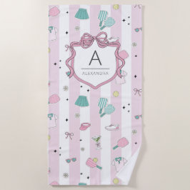 Preppy Pink Monogram Pickleball Gift for Her ビーチタオル
