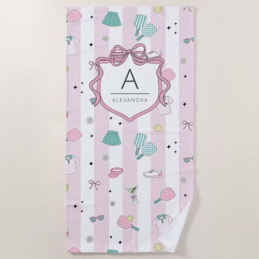 Preppy Pink Monogram Pickleball Gift for Her ビーチタオル (正面)