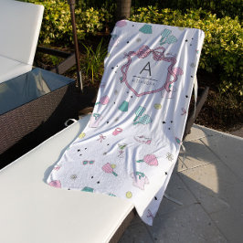 Preppy Pink Monogram Pickleball Gift for Her ビーチタオル