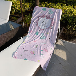 Preppy Pink Monogram Pickleball Gift for Her ビーチタオル