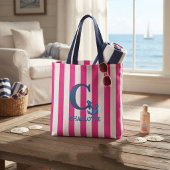 Preppy Pink Nautical Striped Monogram Anchor トートバッグ