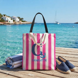  Preppy Pink Nautical Striped Monogram Anchor  トートバッグ