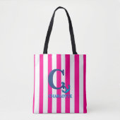 Preppy Pink Nautical Striped Monogram Anchor トートバッグ (正面)