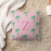 Preppy Pink Palm Tree Monogram Pillow クッション (ブランケット)